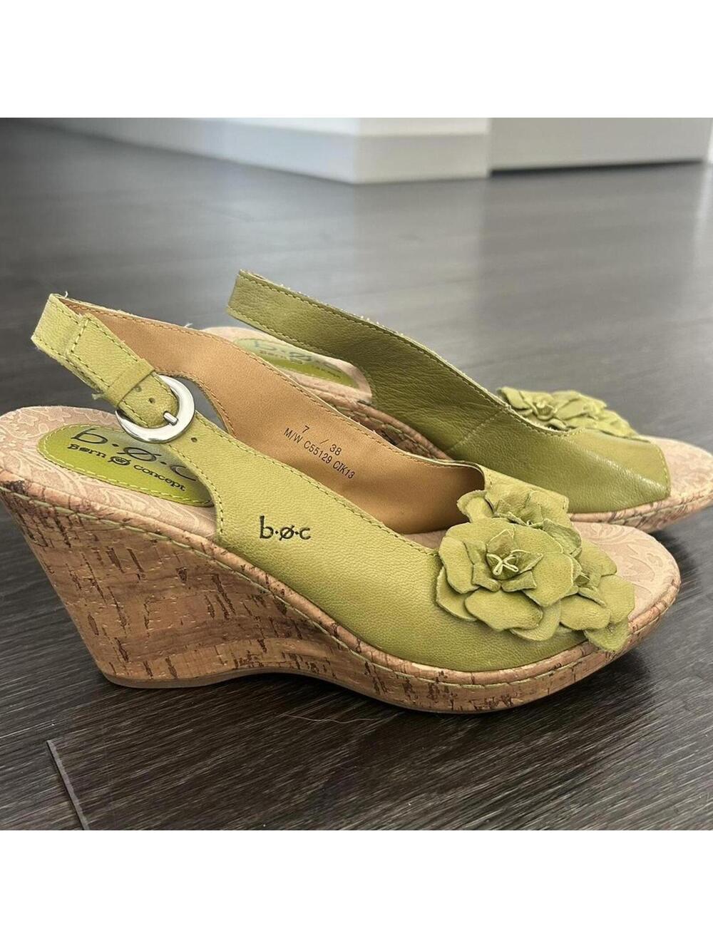 Green floral wedge sandals with cork sole